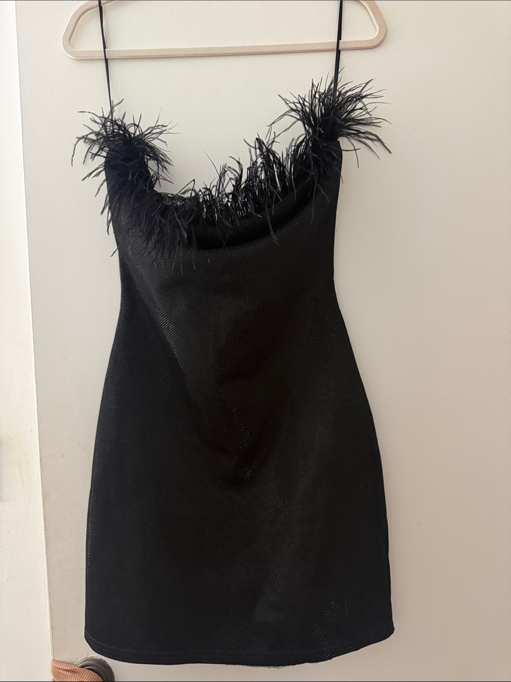 Aqua Black Mini Dress with Feather Trim